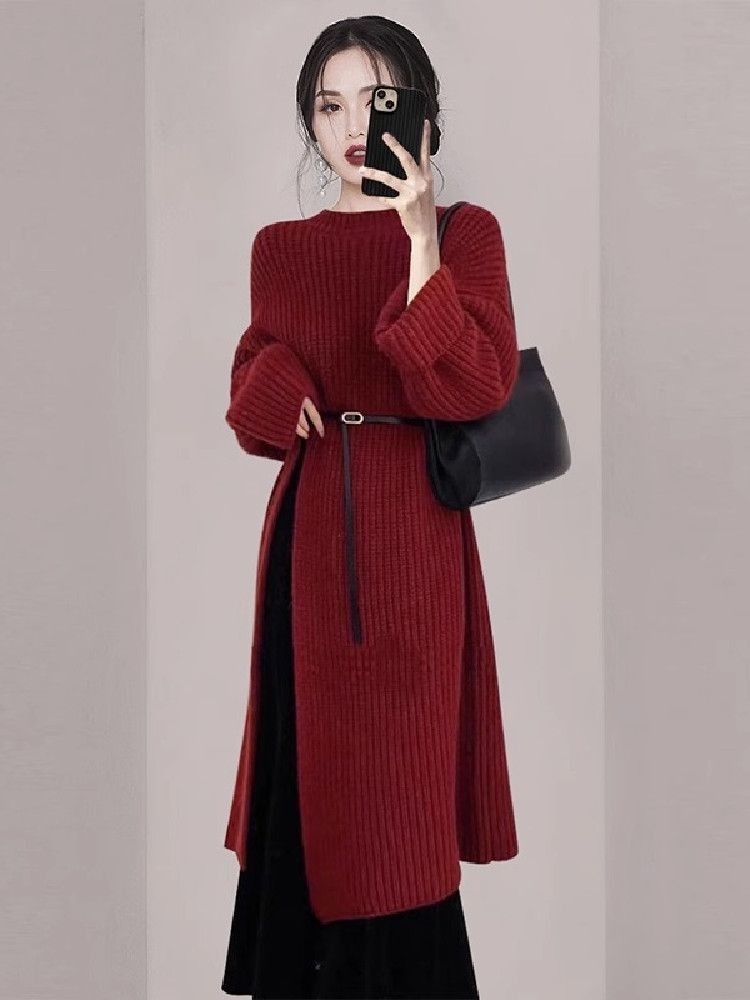 Women'S Red Formal Wear - Женское элегантное красное вязаное платье на