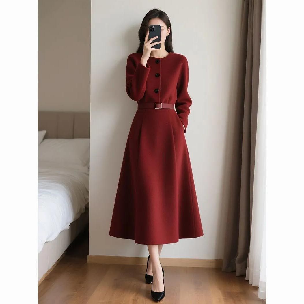 Women'S Red Formal Wear - Красное ретро-платье с длинными рукавами и